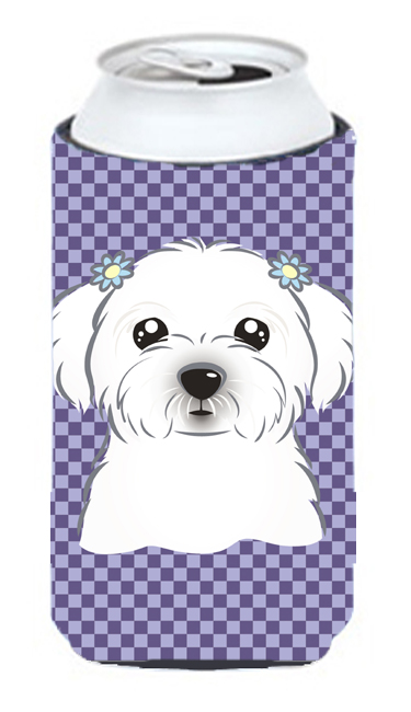 Purple Checkered Maltese Tall Boy bottle sleeve Hugger