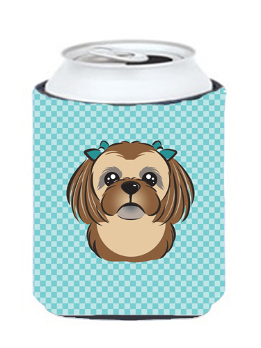 Checkerboard Blue Chocolate Brown Shih Tzu Can Or Bottle Hugger, 12 Oz.