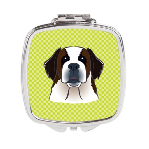 Checkerboard Lime Green Saint Bernard Compact Mirror- 2.75 x 3 x .3 In.