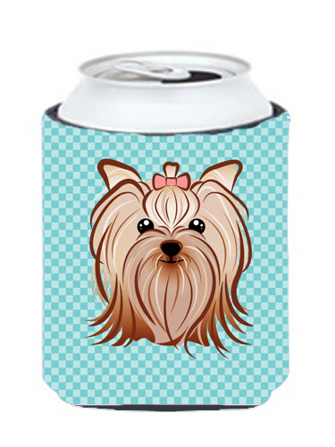 Checkerboard Blue Yorkie Yorkishire Terrier Can Or Bottle Hugger, 12 Oz.