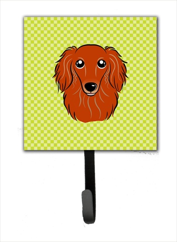 BB1276SH4 Checkerboard Lime Green Longhair Red Dachshund Leash Or Key Holder- 4.25 W x 7 H In.