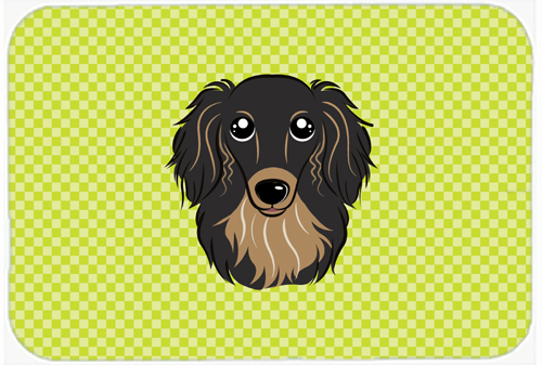BB1275MP Checkerboard Lime Green Longhair Black And Tan Dachshund Mouse Pad- Hot Pad Or Trivet- 7.75 x 9.25 In.