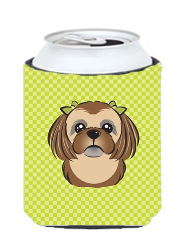 Checkerboard Lime Green Chocolate Brown Shih Tzu Can Or Bottle Hugger, 12 Oz.