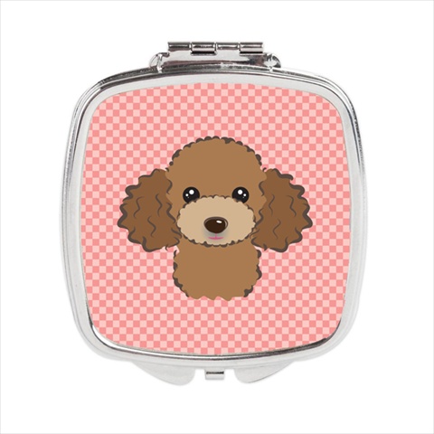 Checkerboard Pink Chocolate Brown Poodle Compact Mirror