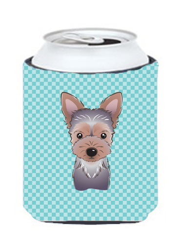 Checkerboard Blue Yorkie Puppy Can Or Bottle Hugger, 12 Oz.