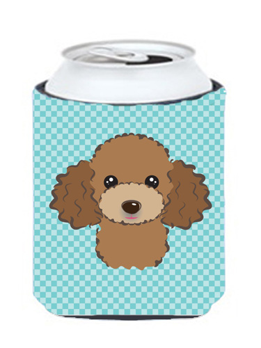 Checkerboard Blue Chocolate Brown Poodle Can Or Bottle Hugger, 12 Oz.