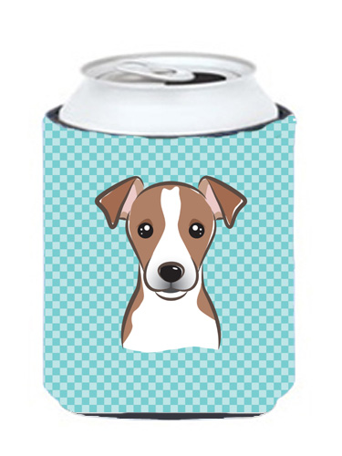 Checkerboard Blue Jack Russell Terrier Can Or Bottle Hugger, 12 Oz.