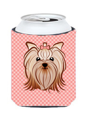 Checkerboard Pink Yorkie Yorkishire Terrier Can Or Bottle Hugger, 12 Oz.