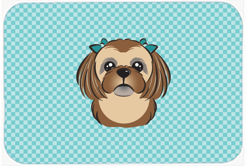 Checkerboard Blue Chocolate Brown Shih Tzu Mouse Pad, Hot Pad Or Trivet, 7.75 x 9.25 In.