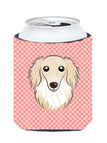 Checkerboard Pink Longhair Creme Dachshund Can Or Bottle Hugger, 12 Oz.