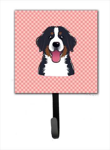 BB1237SH4 Checkerboard Pink Bernese Mountain Dog Leash Or Key Holder- 4.25 W x 7 H In.