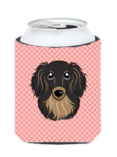 BB1213CC Checkerboard Pink Longhair Black And Tan Dachshund Can Or Bottle Hugger- 12 Oz.