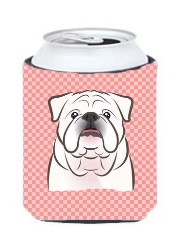 Checkerboard Pink White English Bulldog Can Or Bottle Hugger, 12 Oz.