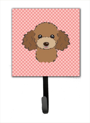 BB1256SH4 Checkerboard Pink Chocolate Brown Poodle Leash Or Key Holder- 4.25 W x 7 H In.