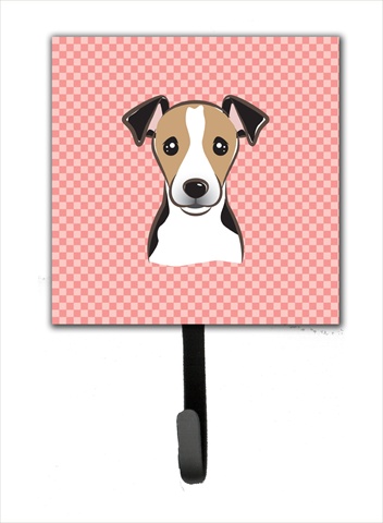 BB1261SH4 Checkerboard Pink Jack Russell Terrier Leash Or Key Holder- 4.25 W x 7 H In.