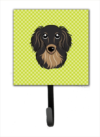 Checkerboard Lime Green Longhair Black And Tan Dachshund Leash Or Key Holder, 4.25 W x 7 H In.