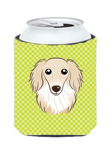BB1274CC Checkerboard Lime Green Longhair Creme Dachshund Can Or Bottle Hugger- 12 Oz.