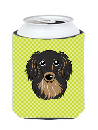 BB1275CC Checkerboard Lime Green Longhair Black And Tan Dachshund Can Or Bottle Hugger- 12 Oz.