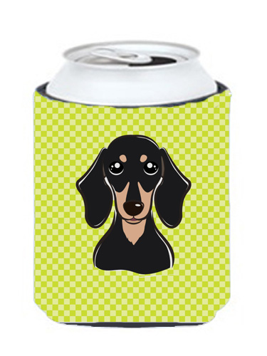 Checkerboard Lime Green Smooth Black And Tan Dachshund Can Or Bottle Hugger, 12 Oz.