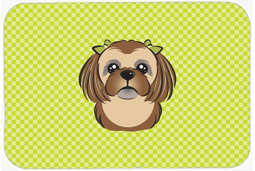 Checkerboard Lime Green Chocolate Brown Shih Tzu Mouse Pad, Hot Pad Or Trivet, 7.75 x 9.25 In.