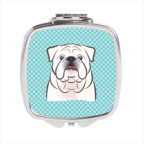 English Bulldog Compact Mirror - Checkerboard Blue & White - 2.75 x 3 in. - Silvertone Metal