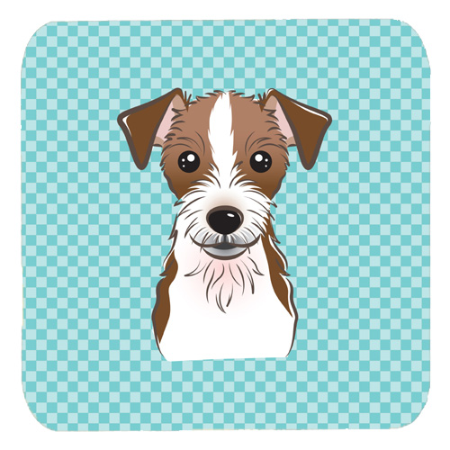 BB1140FC 3.5 x 3.5 In. Checkerboard Blue Jack Russell Terrier Foam Coasters- Set Of 4