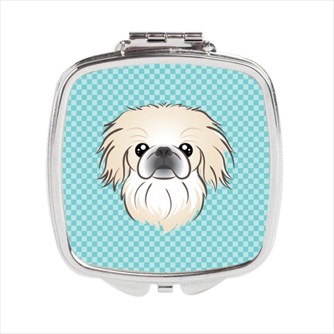 Checkerboard Blue Pekingese Compact Mirror - 2.75 x 3 x .3 In.