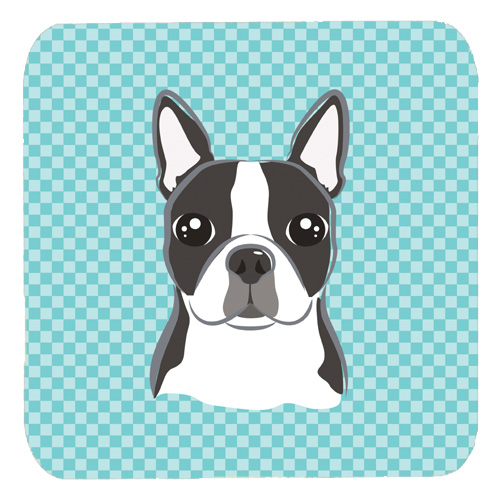 Checkerboard Blue Boston Terrier Foam Coasters- Set Of 4