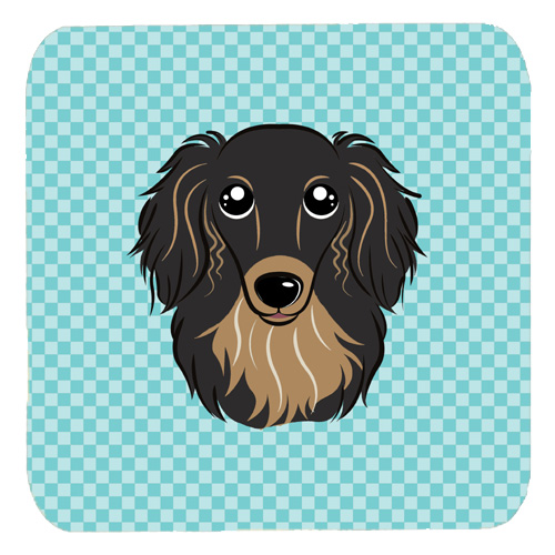 Picture of Carolines Treasures BB1151FC 3.5 x 3.5 In. Checkerboard Blue Longhair Black And Tan Dachshund Foam Coasters- Set Of 4
