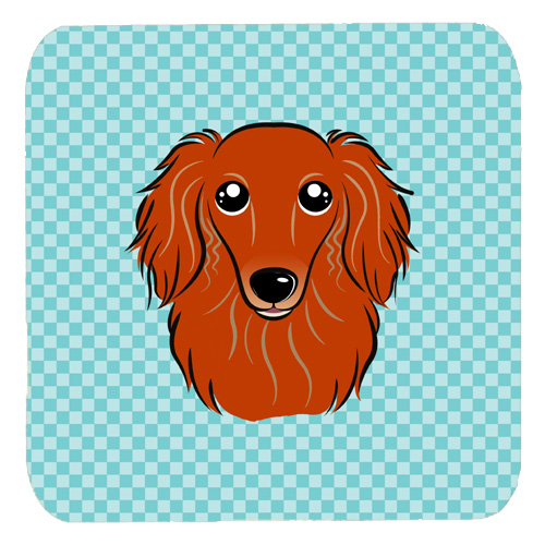 Checkerboard Blue Longhair Red Dachshund Foam Coasters- Set Of 4