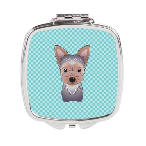 Checkerboard Blue Yorkie Puppy Compact Mirror 2.75 x 3 x .3 In.