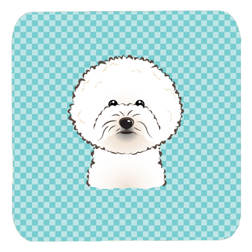 3.5 x 3.5 In. Checkerboard Blue Bichon Frise Foam Coasters, Set Of 4