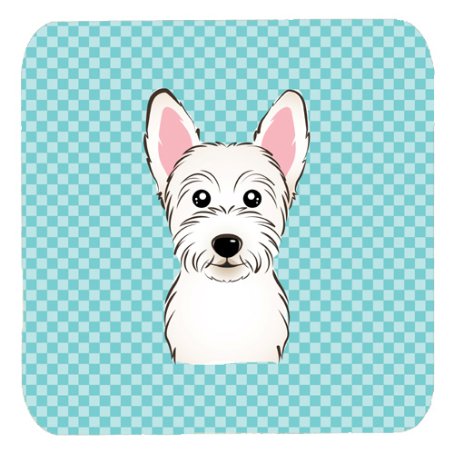 Checkerboard Blue Westie Foam Coasters- Set Of 4