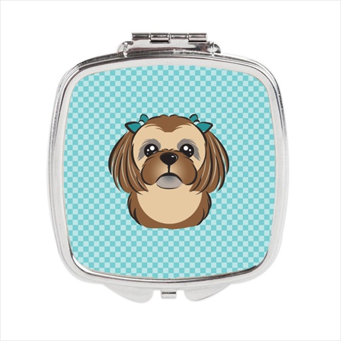 BB1187SCM Checkerboard Blue Chocolate Brown Shih Tzu Compact Mirror- 2.75 x 3 x .3 In.