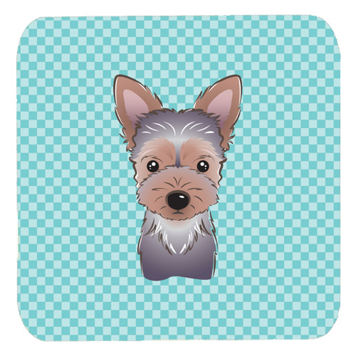 Checkerboard Blue Yorkie Puppy Foam Coasters- Set Of 4