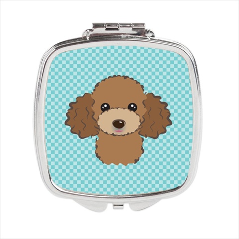 Checkerboard Blue Chocolate Brown Poodle Compact Mirror- 2.75 x 3 x .3 In.