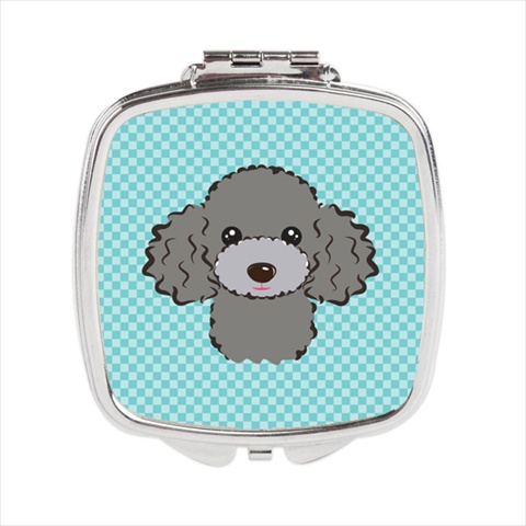 BB1197SCM Checkerboard Blue Silver Gray Poodle Compact Mirror- 2.75 x 3 x .3 In.