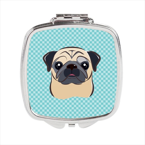 Checkerboard Blue Fawn Pug Compact Mirror - Blue/White - 2.75 x 3 in. - Silvertone Metal - Unique Artwork