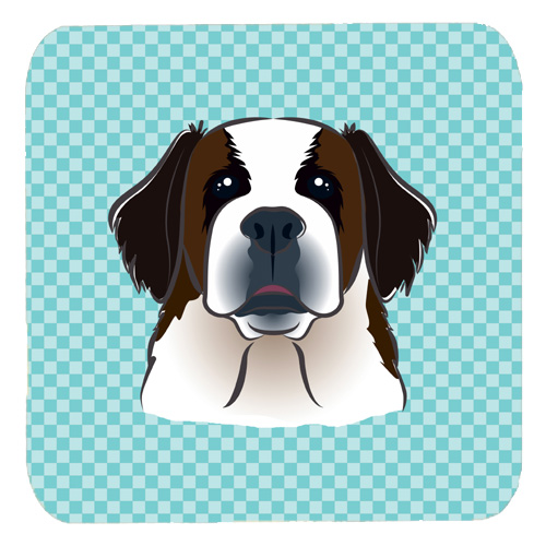 Checkerboard Blue Saint Bernard Foam Coasters- Set Of 4