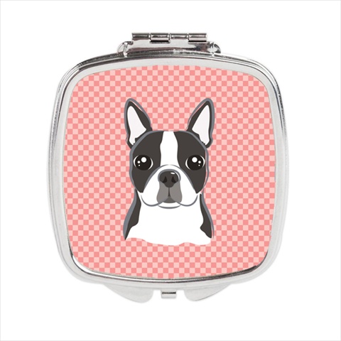 Checkerboard Pink Boston Terrier Compact Mirror, 2.75 x 3 x .3 In.