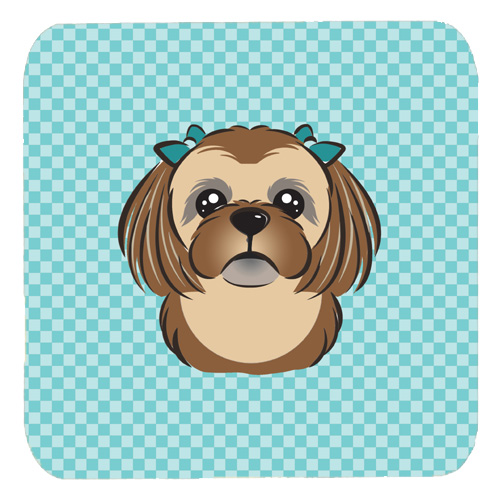 BB1187FC 3.5 x 3.5 In. Checkerboard Blue Chocolate Brown Shih Tzu Foam Coasters- Set Of 4