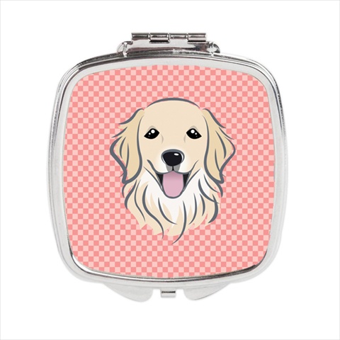 Checkerboard Pink Golden Retriever Compact Mirror 2.75 x 3 x .3 In.