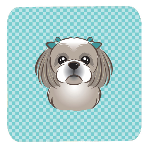 Checkerboard Blue Gray Silver Shih Tzu Foam Coasters- Set Of 4