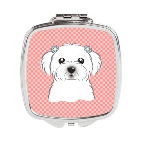 Checkerboard Pink Maltese Compact Mirror, 2.75 x 3 x .3 In.