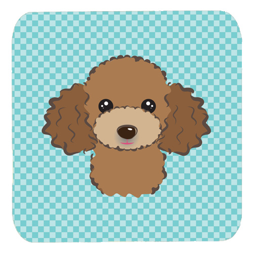BB1194FC 3.5 x 3.5 In. Checkerboard Blue Chocolate Brown Poodle Foam Coasters- Set Of 4