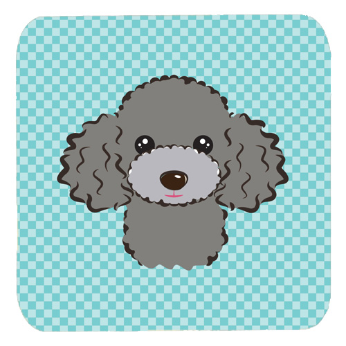 Checkerboard Blue Silver Gray Poodle Foam Coasters- Set Of 4