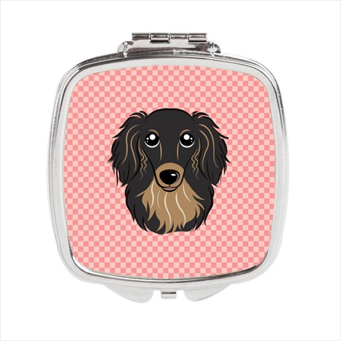 Checkerboard Pink Longhair Black And Tan Dachshund Compact Mirror - 2.75 x 3 x .3 In.