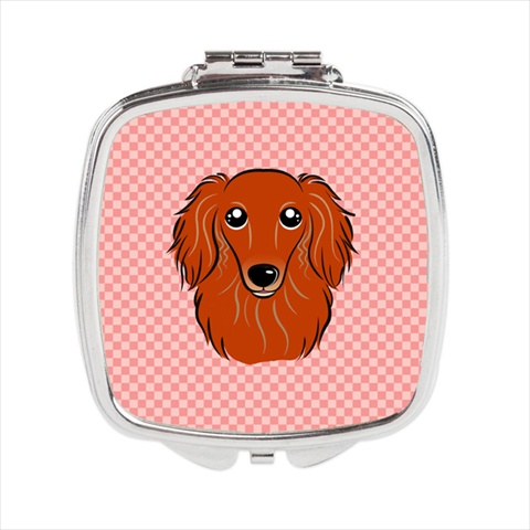 BB1214SCM Checkerboard Pink Longhair Red Dachshund Compact Mirror- 2.75 x 3 x .3 In.