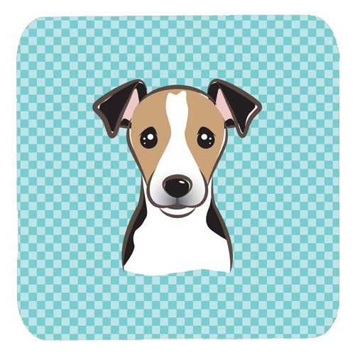 BB1199FC 3.5 x 3.5 In. Checkerboard Blue Jack Russell Terrier Foam Coasters- Set Of 4