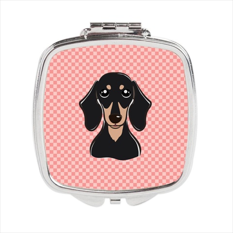 Checkerboard Pink Smooth Black And Tan Dachshund Compact Mirror - 2.75 x 3 x .3 In.